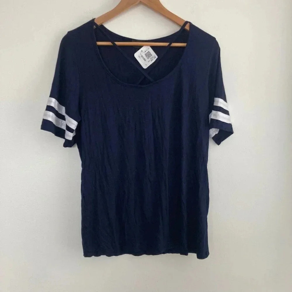 Nadine West Shirt Large Blue Stripe Sleeve Criss Cross Athleisure Coastal Preppy